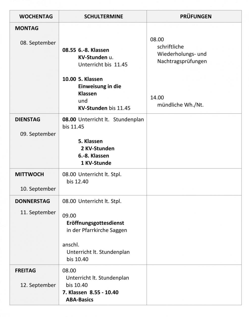 Termine Schulbeginn