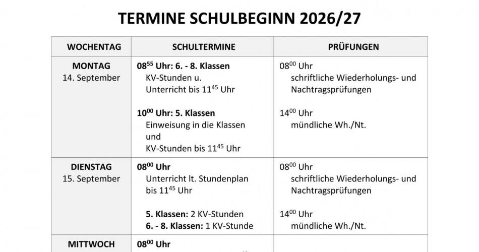 Termine Schulbeginn